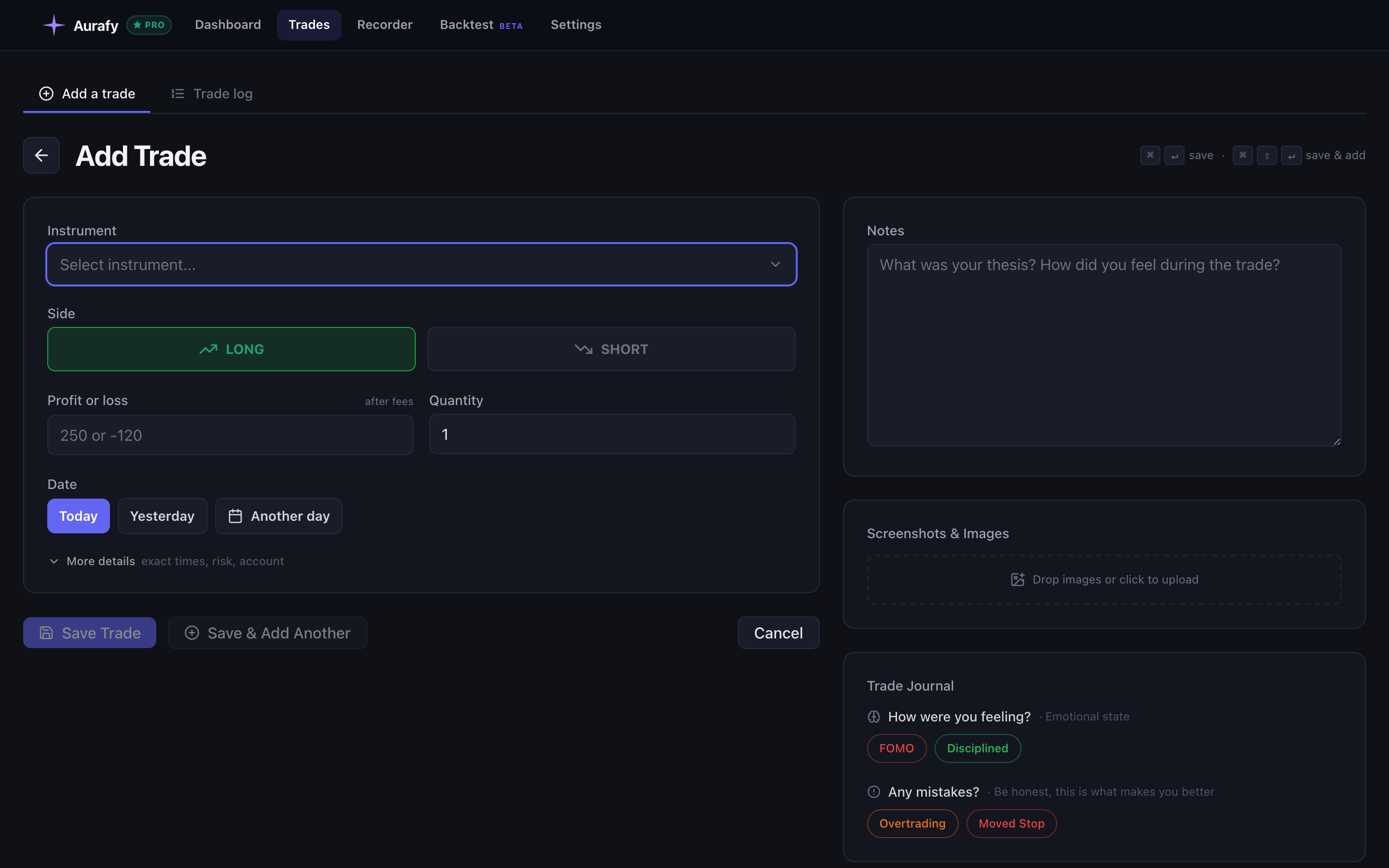 Aurafy add-trade form asking for the profit or loss after fees, with notes and emotion and mistake tags beside it